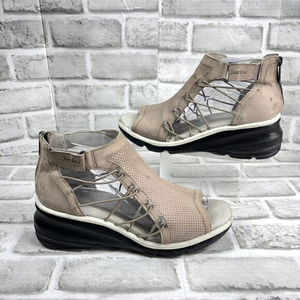 Jambu Naomi Women's Size 9.5 M Gray/Tan Zip Gladiator Wedge Comfort Sandals